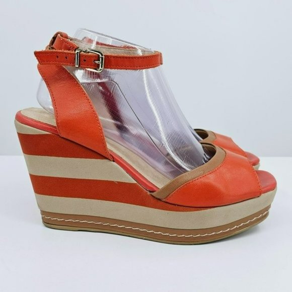 Malu Wedge Sandals 10 Super Comfort Orange Tan Stripe Tall Open Toe Ankle Straps - Picture 6 of 13